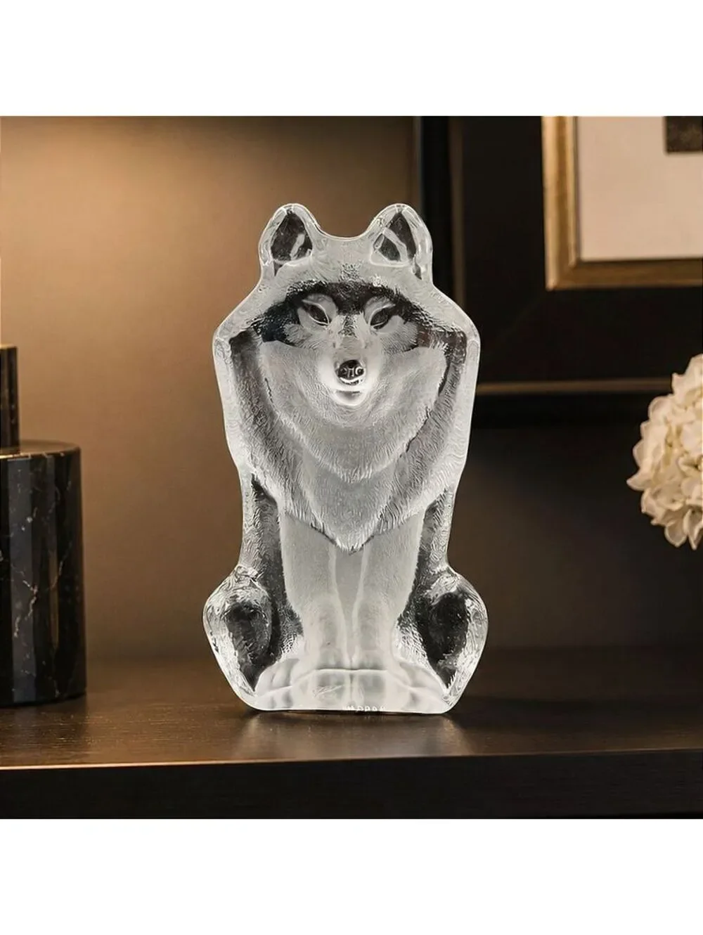 Rare Maleras Sweden Crystal Wolf Figurine Mats Jonasson Signed Lead Crystal 5.5